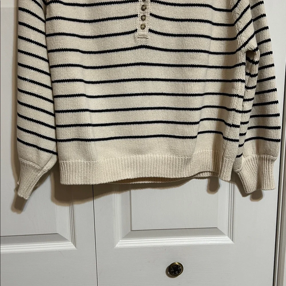 Sezane Striped Henley Pullover Sweater in Cream and Navy - Picture 4 of 6